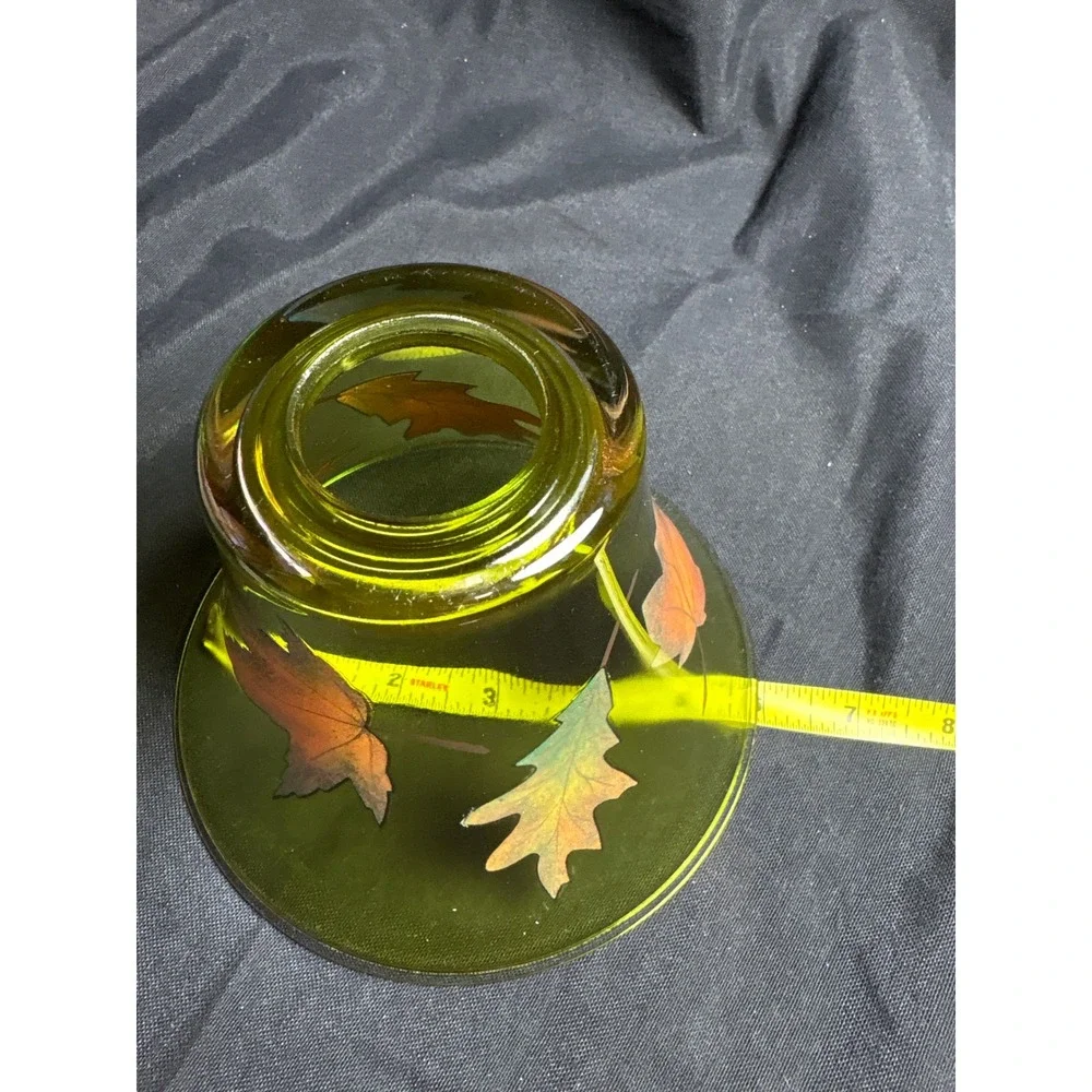 Olive Green Glass Candle Shade Hand Painted Fall Autumn Leaves Jar Topper‎ 6.5in